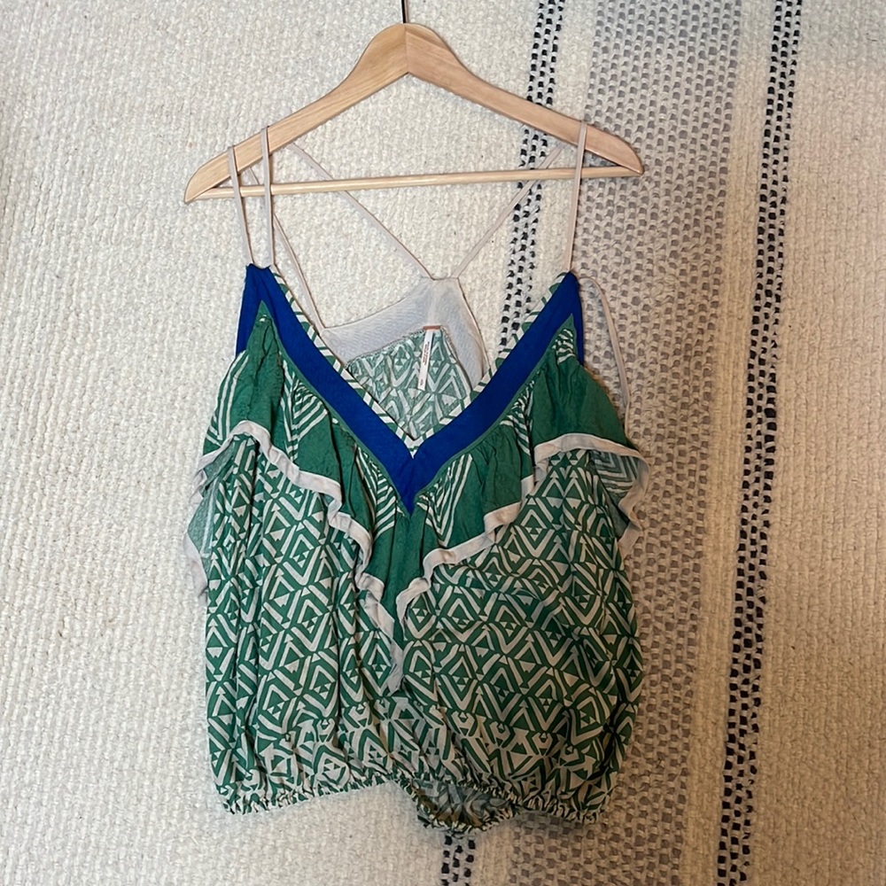 Free People Flowy Tank, green and blue pattern, size Small.